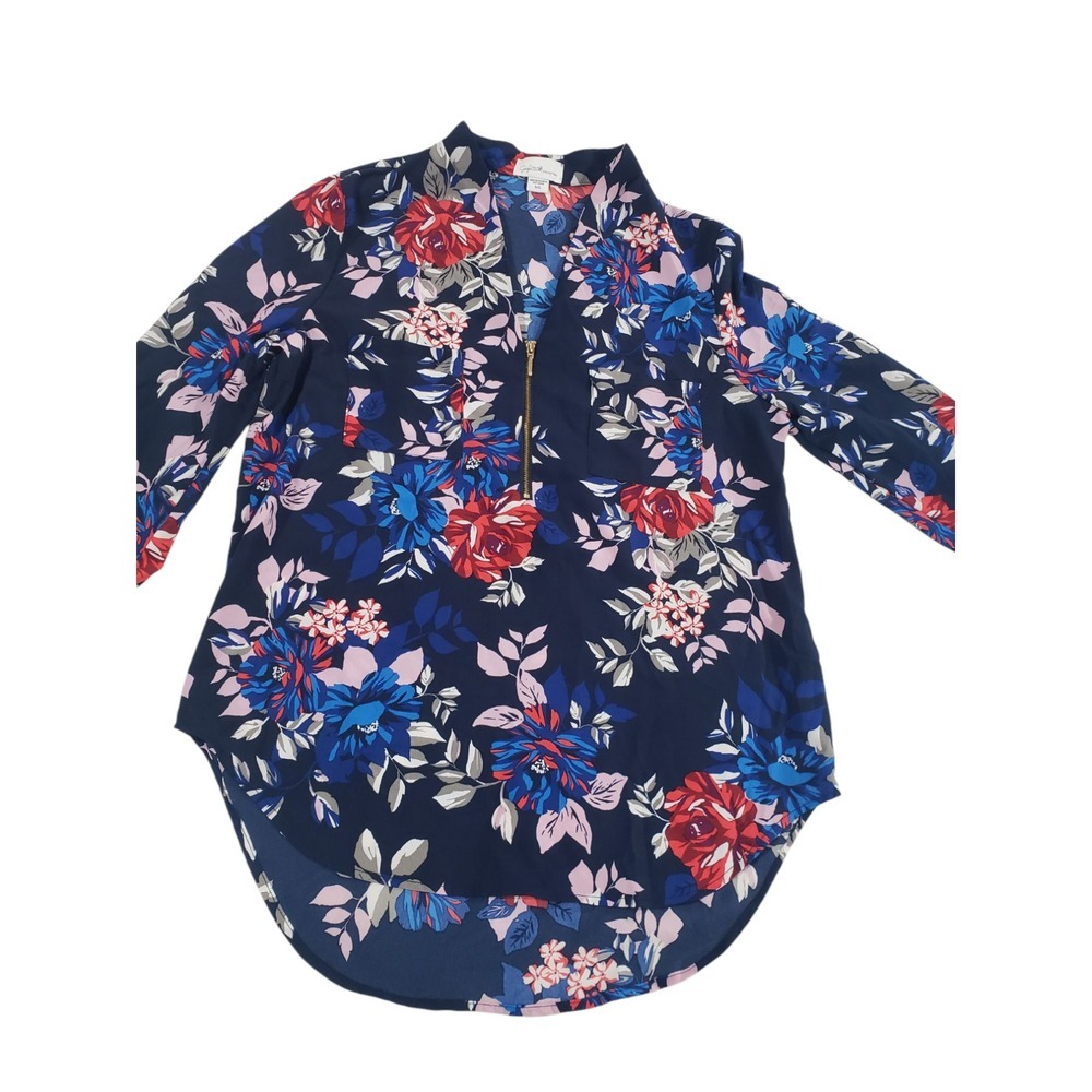 Jaclyn Smith Collection 3/4 Sleeve Quarter Zip Top Womens Multicolor S Floral
